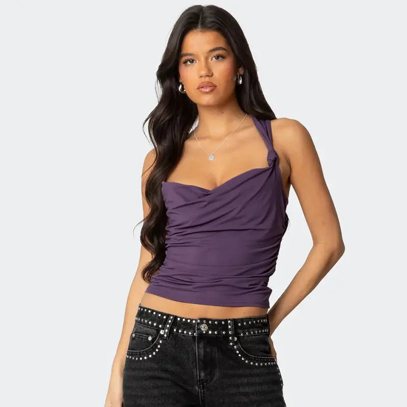 Women's Pleated Cross Cool Spicy Backless Underwaist - Black & Elva