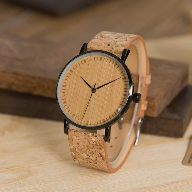 Eco Bamboo & Cork Watch – Sustainable Wooden Timepiece, Unbranded - Black & Elva