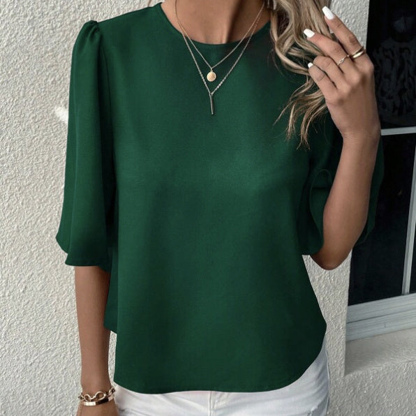 Women's Solid Color Round Neck Loose And Comfortable Shirt Top - Black & Elva