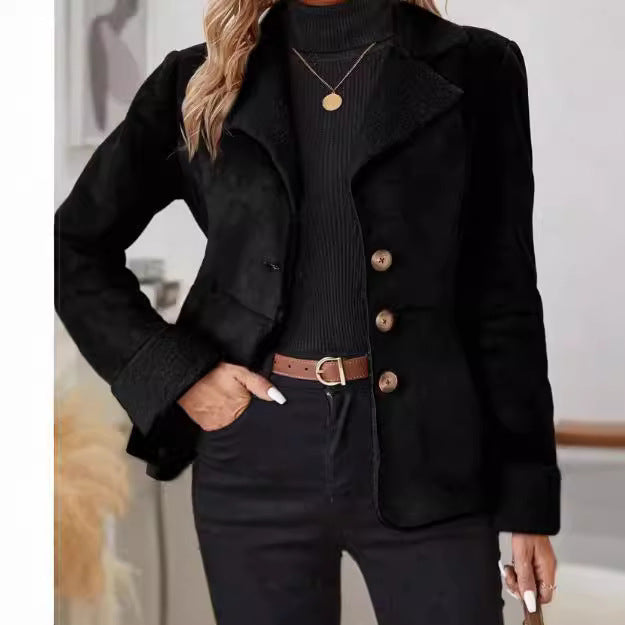Casual Fashion Cold-proof Warm Fur Integrated Lapel Pocket Jacket - Black & Elva