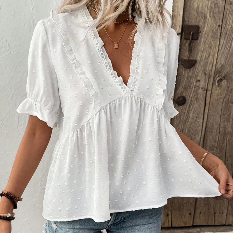 European And American Cut Flower Fur Ball Shirt Short Sleeve Lace - Black & Elva