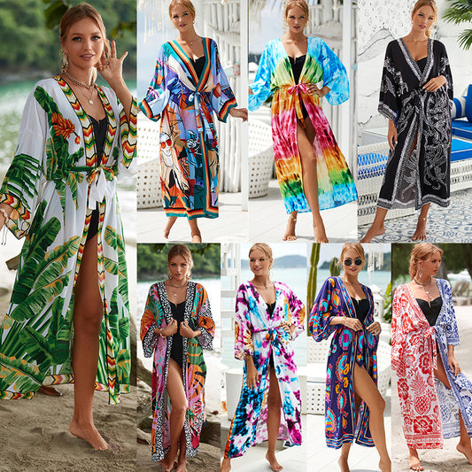 New Rayon Printed Beach Sun Protection Outerwear Cover-up Women - Black & Elva