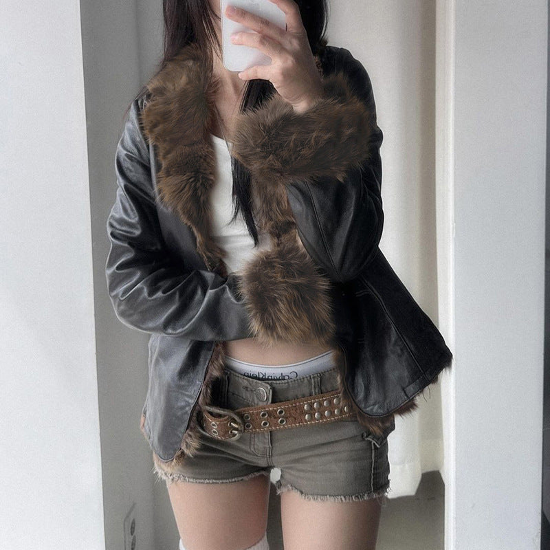 American Street Loose Fur Collar Leather Coat - Black & Elva