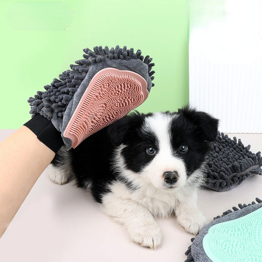 2-in-1 Pet Grooming Glove Brush – Bathing, Massaging & Drying Tool for Dogs & Cats - Black & Elva