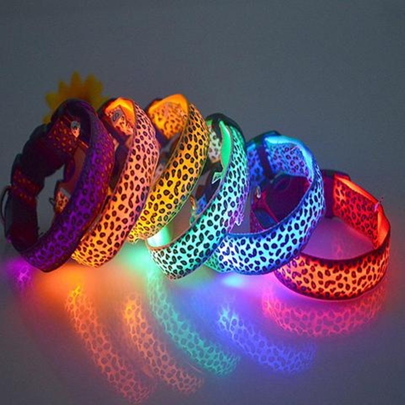 LED Dog Collar Safety Adjustable Nylon Leopard Pet Collar - Black & Elva