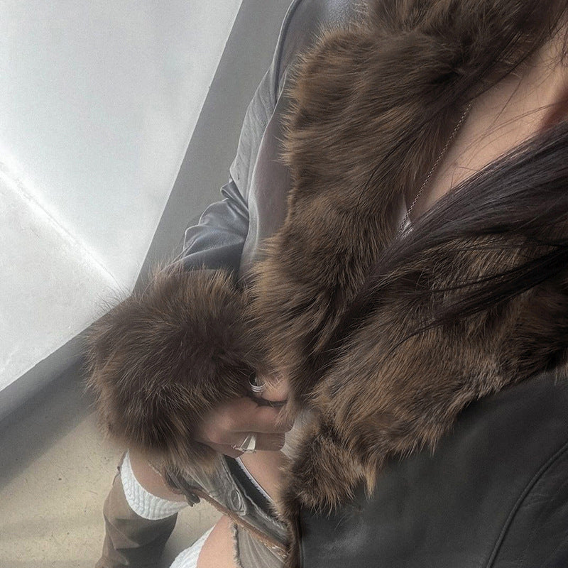 American Street Loose Fur Collar Leather Coat - Black & Elva
