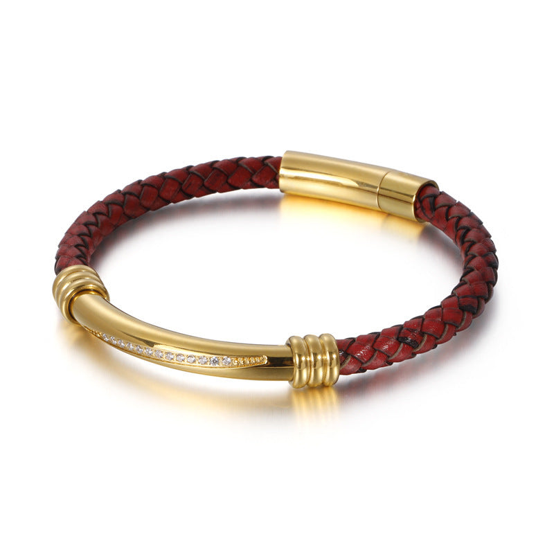 Men's Geometric Elbow Stainless Steel Diamond Leather Woven Bracelet - Black & Elva