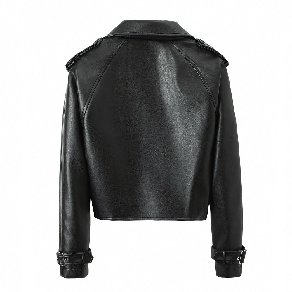 Women's Solid Color Casual Loose Fit Leather Jacket - Black & Elva