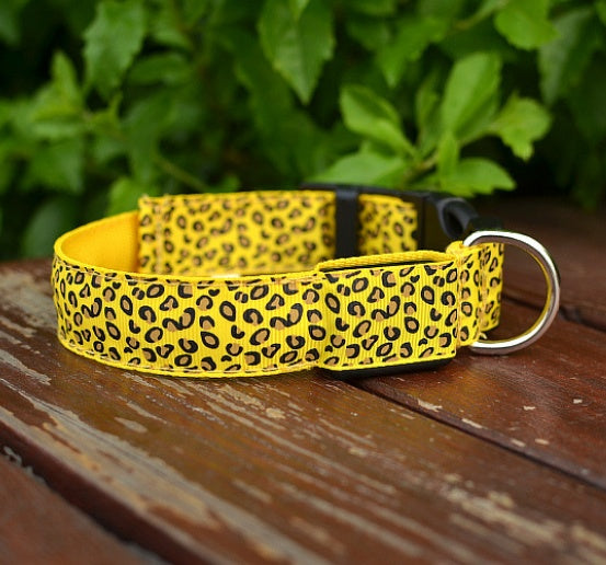LED Dog Collar Safety Adjustable Nylon Leopard Pet Collar - Black & Elva