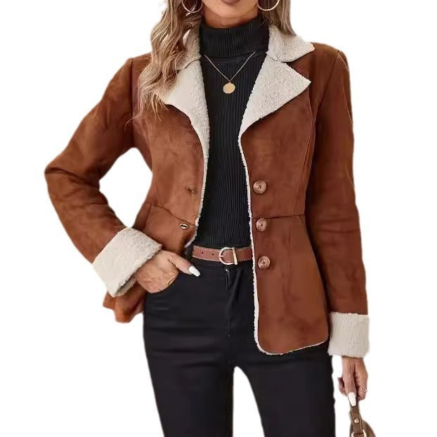 Casual Fashion Cold-proof Warm Fur Integrated Lapel Pocket Jacket - Black & Elva
