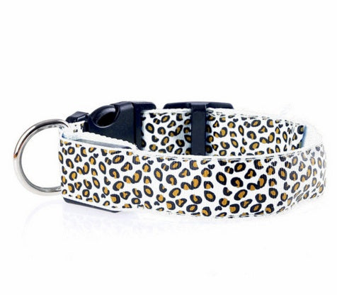 LED Dog Collar Safety Adjustable Nylon Leopard Pet Collar - Black & Elva