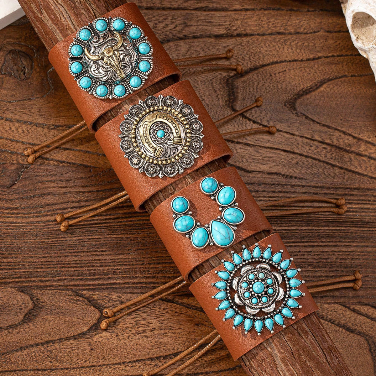 Vintage Western Denim Blue Turquoise Animal Leather Bracelet - Black & Elva