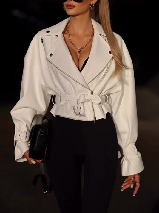 Solid Color Leather Cropped Jacket - Black & Elva