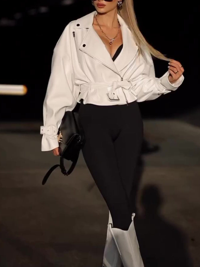 Solid Color Leather Cropped Jacket - Black & Elva
