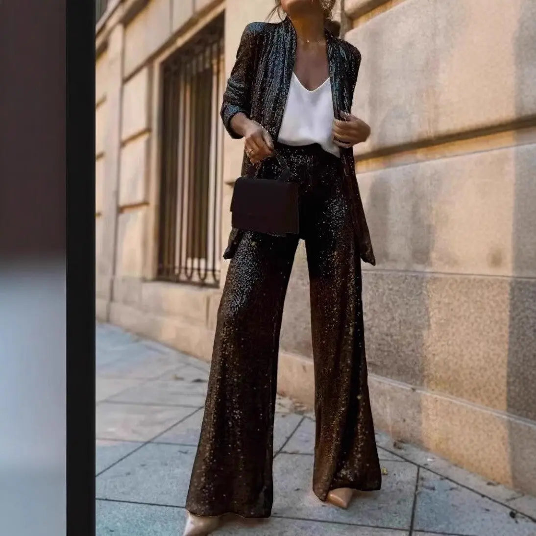 Three-color Sequin Small Suit High Waist Fashion Casual Pants Two-piece Suit - Black & Elva