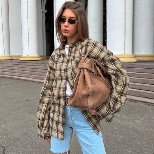 Fashion Personality Retro Plaid Shirt For Women - Black & Elva