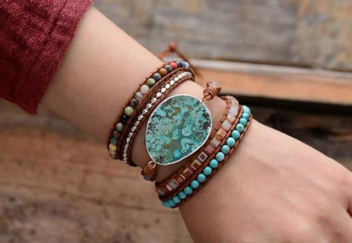 Natural Ocean Stone Leather Multi-layer Bracelet Simple - Black & Elva