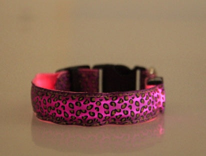 LED Dog Collar Safety Adjustable Nylon Leopard Pet Collar - Black & Elva