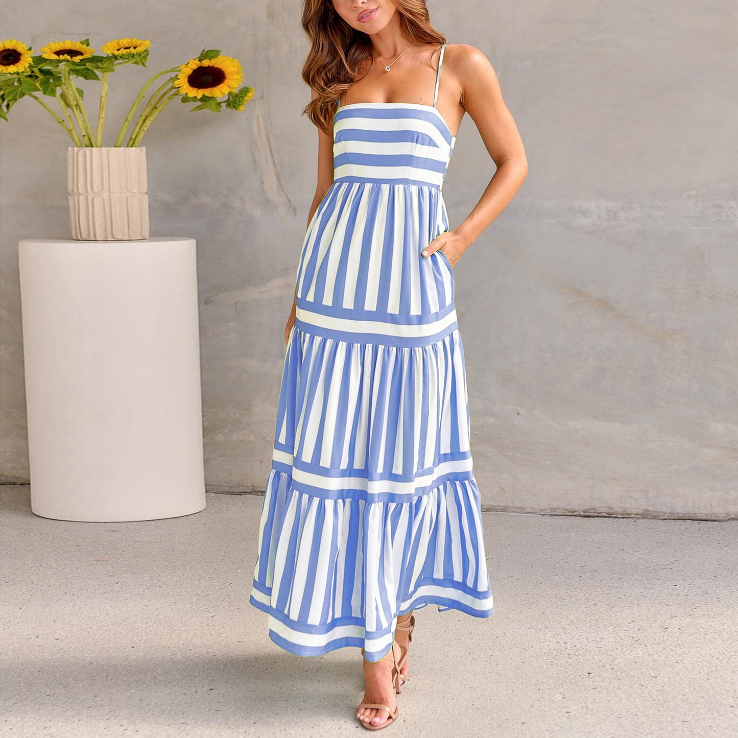 Striped Summer Maxi Dress – Backless & Pocketed Beachwear - Black & Elva