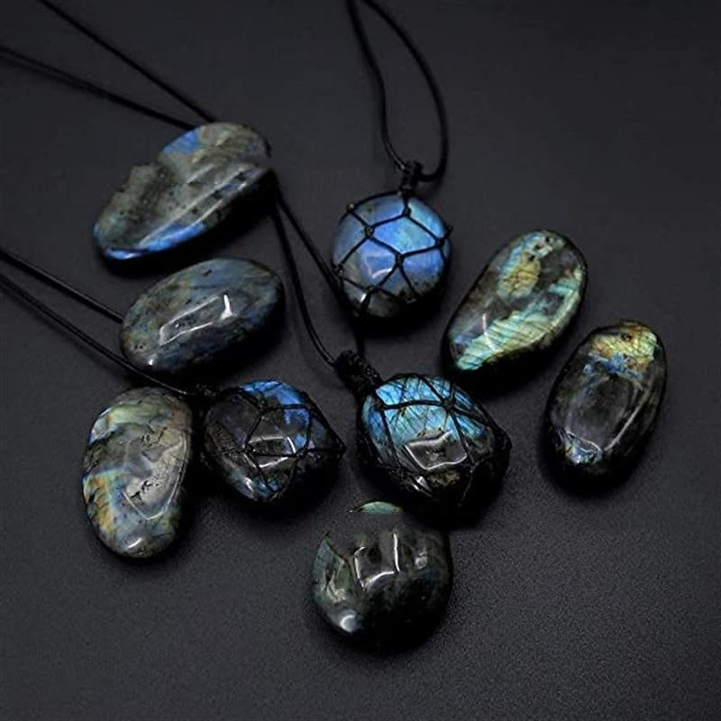 Natural Labradorite Pendant Moonstone Hand-woven Mesh Bag Necklace - Black & Elva