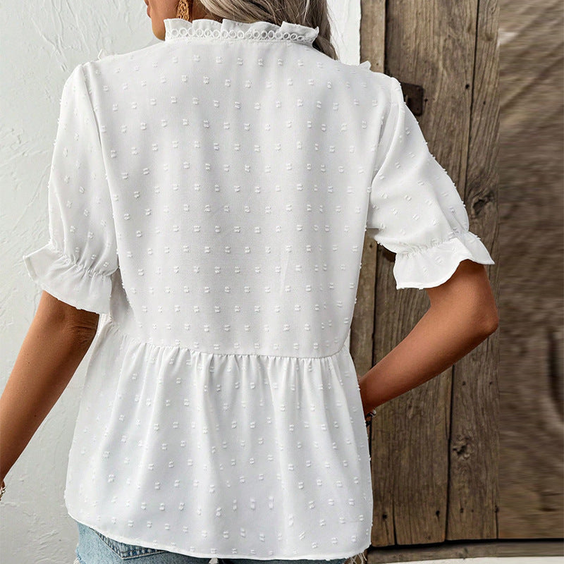 European And American Cut Flower Fur Ball Shirt Short Sleeve Lace - Black & Elva
