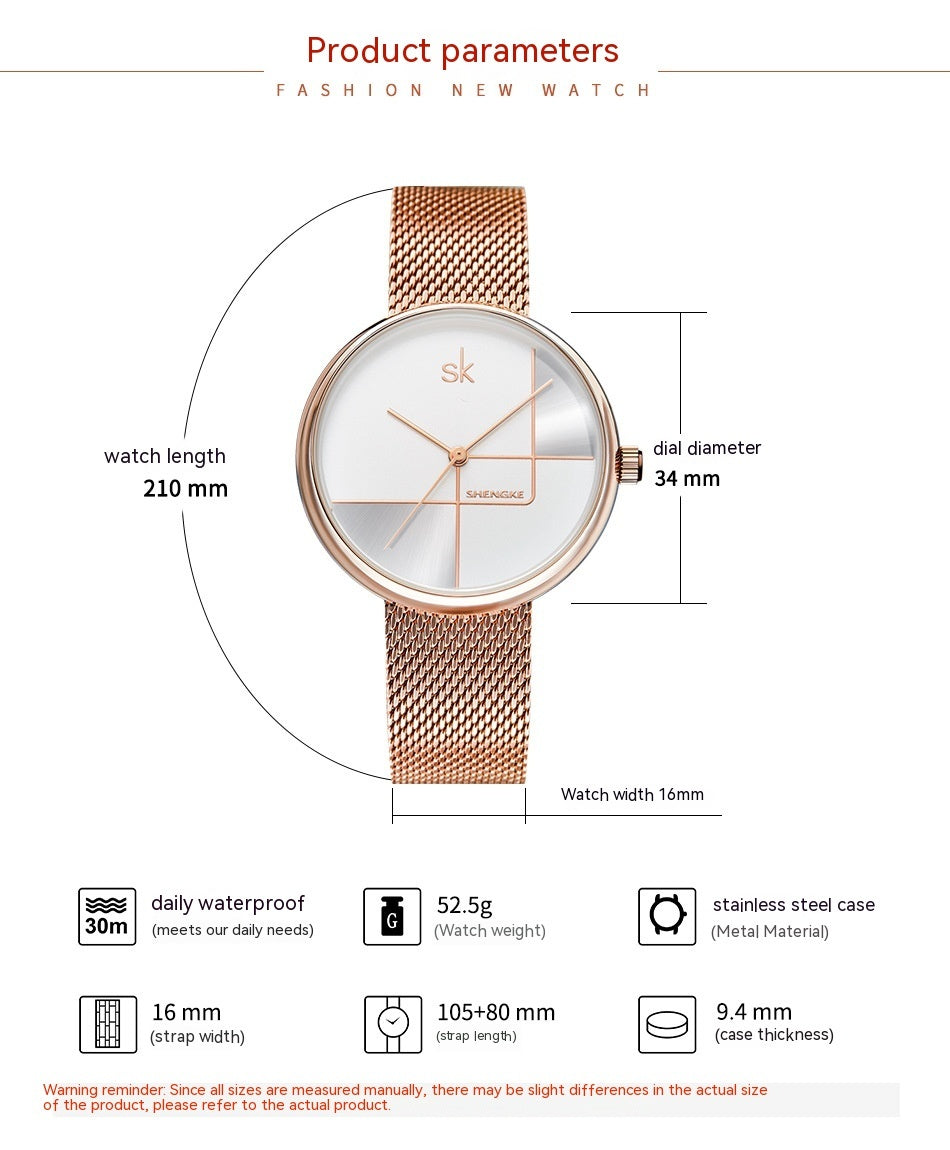 Women's Fashion Simple Geometric Quartz Watch Mesh Strap Watch - Black & Elva