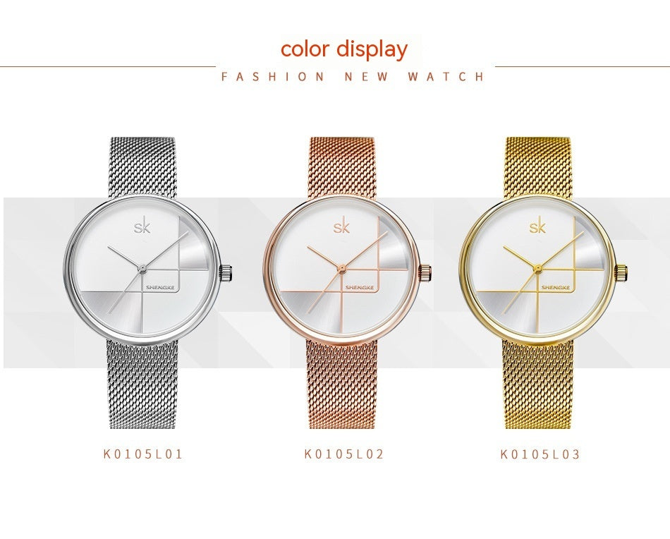 Women's Fashion Simple Geometric Quartz Watch Mesh Strap Watch - Black & Elva