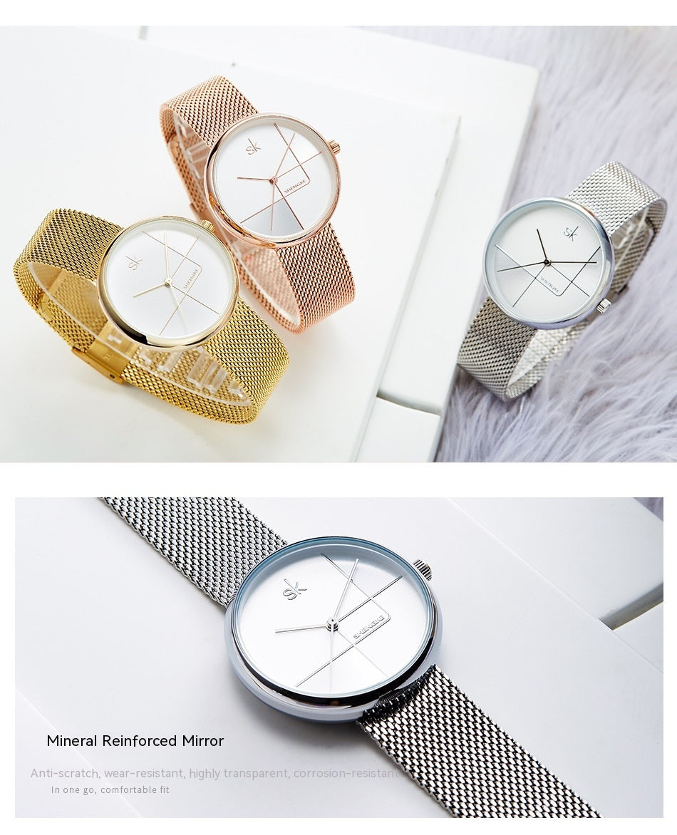 Women's Fashion Simple Geometric Quartz Watch Mesh Strap Watch - Black & Elva