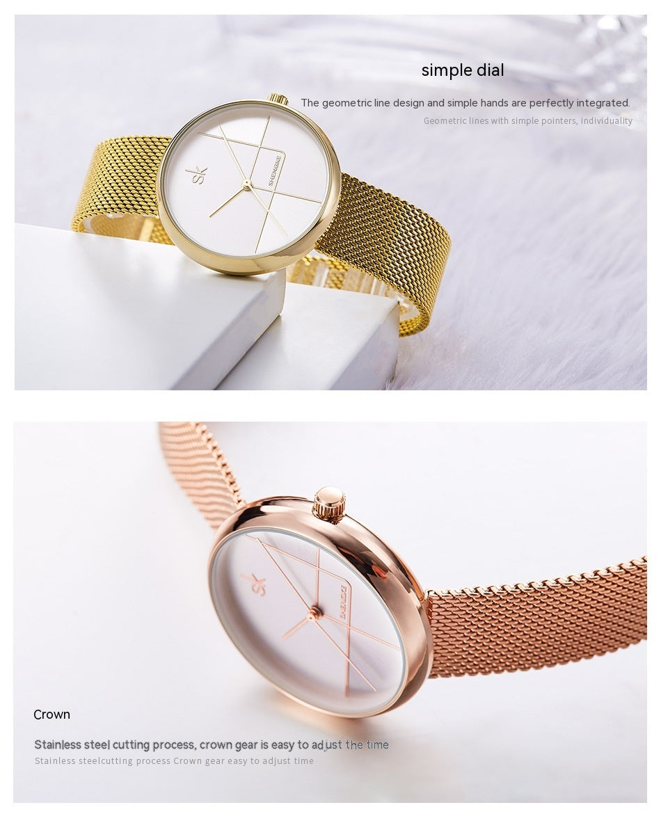Women's Fashion Simple Geometric Quartz Watch Mesh Strap Watch - Black & Elva