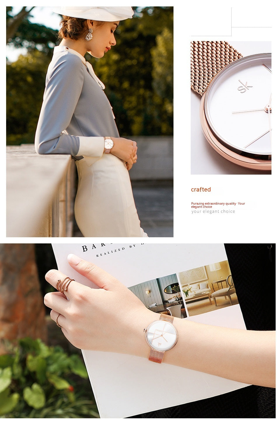 Women's Fashion Simple Geometric Quartz Watch Mesh Strap Watch - Black & Elva