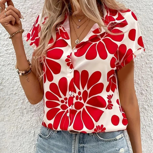 Casual Wild Plant Pattern Women's Short-sleeved Shirt - Black & Elva