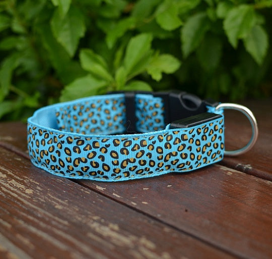 LED Dog Collar Safety Adjustable Nylon Leopard Pet Collar - Black & Elva