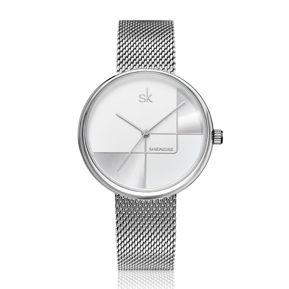 Women's Fashion Simple Geometric Quartz Watch Mesh Strap Watch - Black & Elva