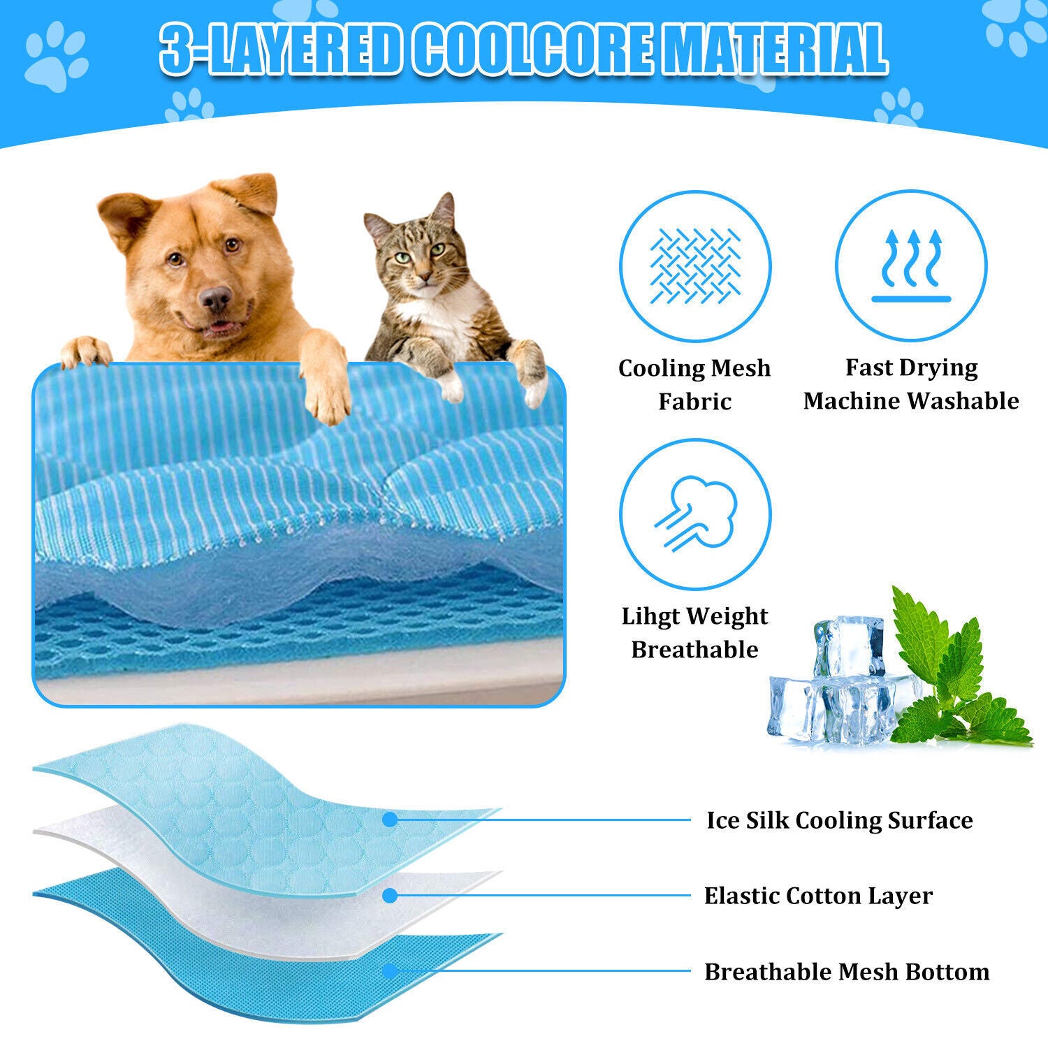 Pet Cooling Mat for Dogs & Cats – Summer Breathable Cool Pad Bed - Black & Elva