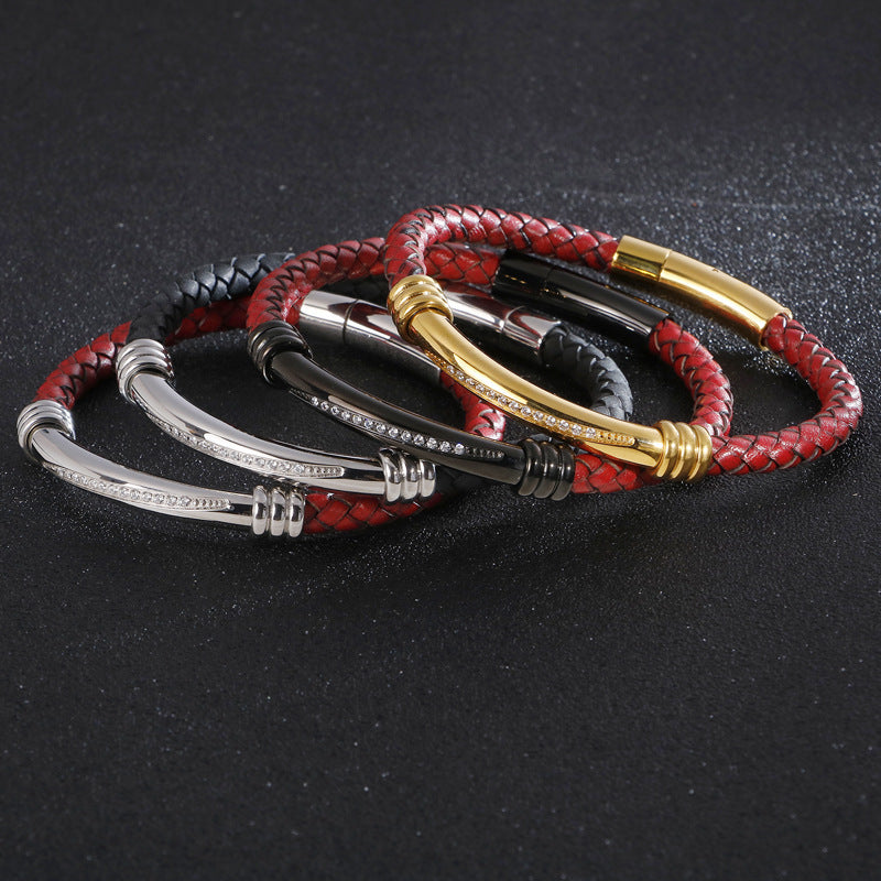 Men's Geometric Elbow Stainless Steel Diamond Leather Woven Bracelet - Black & Elva