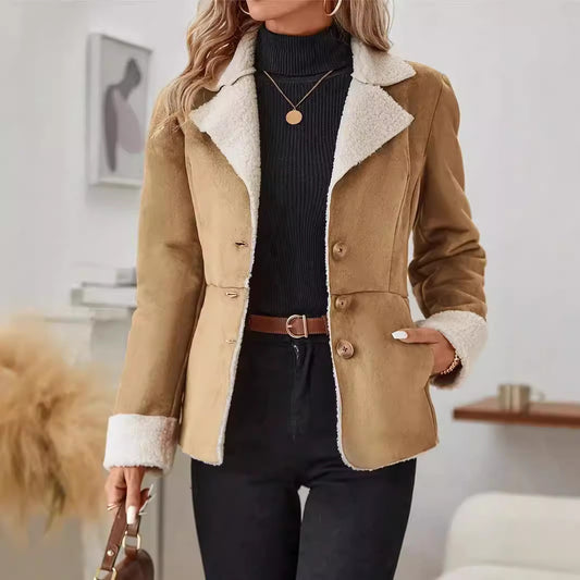 Casual Fashion Cold-proof Warm Fur Integrated Lapel Pocket Jacket - Black & Elva
