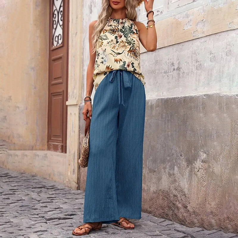 Women's 2 Piece Outfits Summer Casual Sleeveless Halter Neck Crop Tops Wide Leg Pants Set - Black & Elva