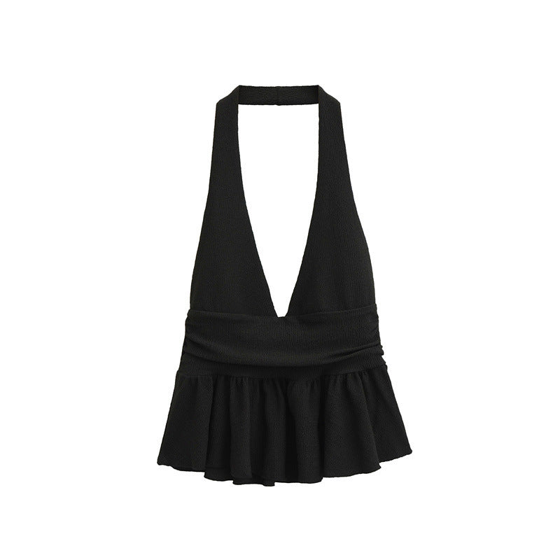 Women's Fashion Temperament Laminated Decoration Halter Top - Black & Elva