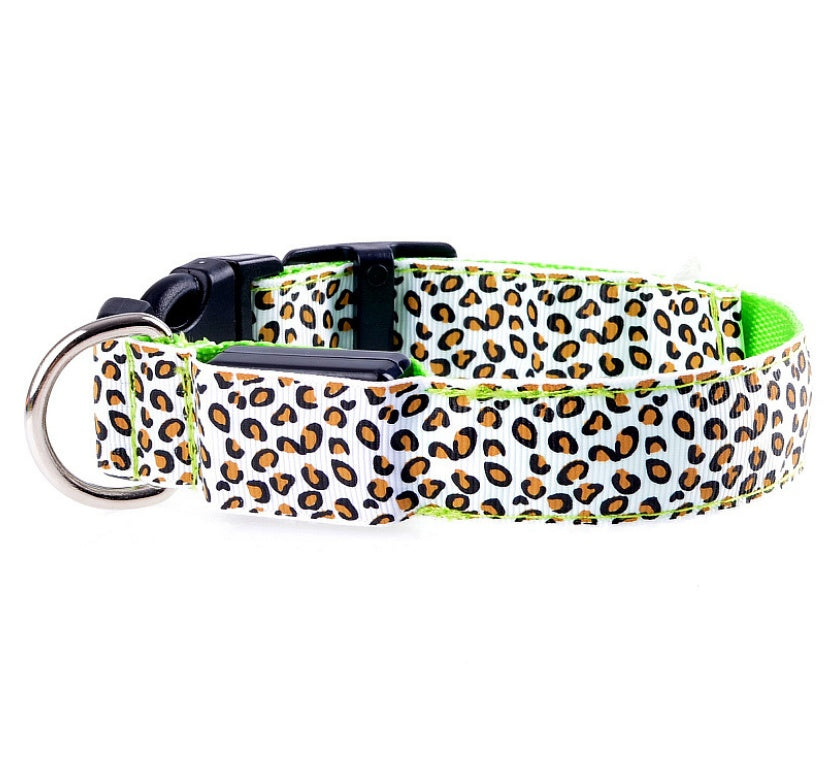 LED Dog Collar Safety Adjustable Nylon Leopard Pet Collar - Black & Elva