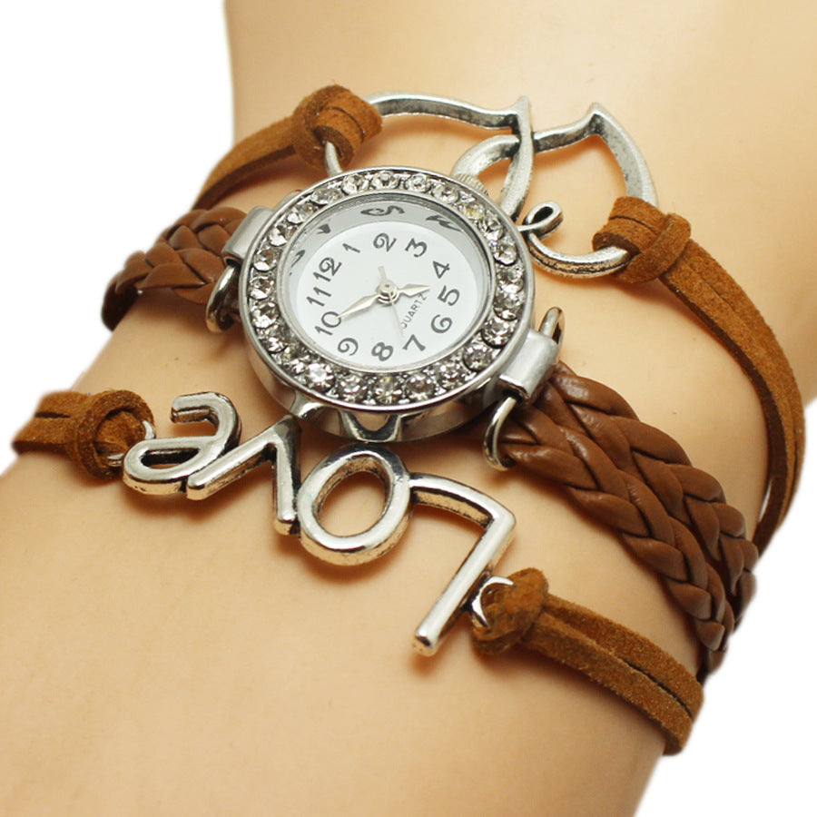 Alloy Love Double Heart-shaped Love Woven Multi-layer Watch - Black & Elva