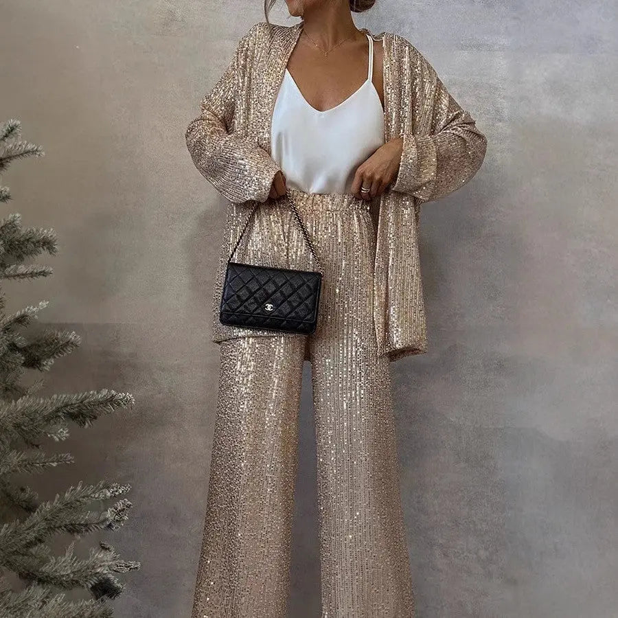 Three-color Sequin Small Suit High Waist Fashion Casual Pants Two-piece Suit - Black & Elva