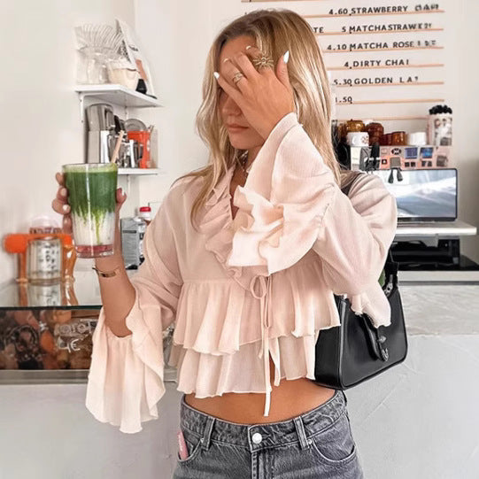 Chiffon V-neck Lace-up Ruffled Shirt - Black & Elva