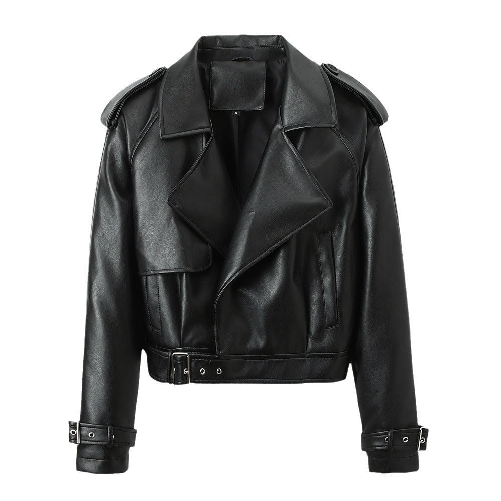 Women's Solid Color Casual Loose Fit Leather Jacket - Black & Elva