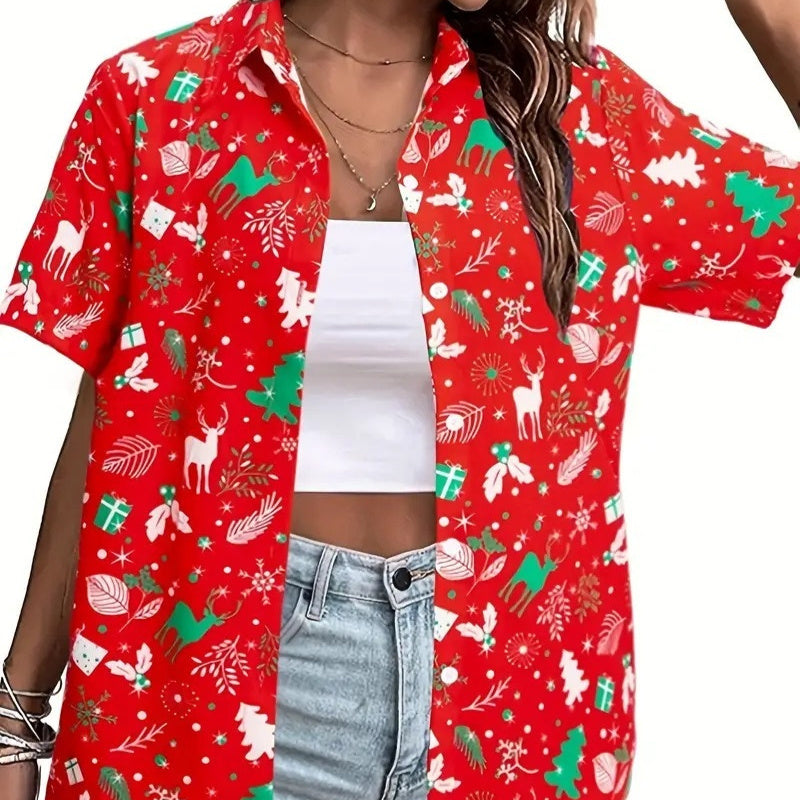 Casual Wild Plant Pattern Women's Short-sleeved Shirt - Black & Elva