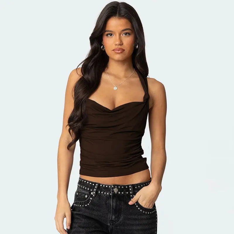Women's Pleated Cross Cool Spicy Backless Underwaist - Black & Elva