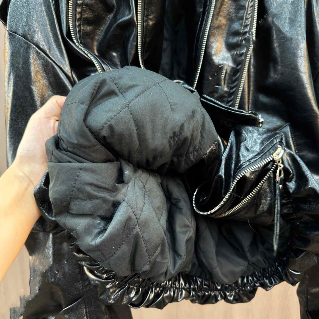 Cuffed Zipper Collar Button PU Leather Jacket Cotton Padded Jacket - Black & Elva