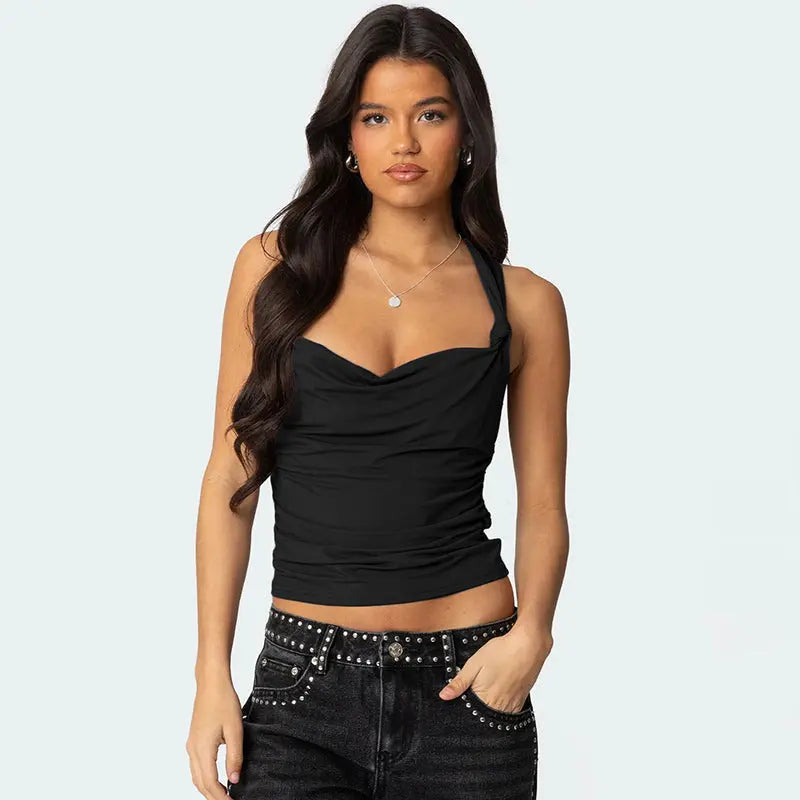 Women's Pleated Cross Cool Spicy Backless Underwaist - Black & Elva