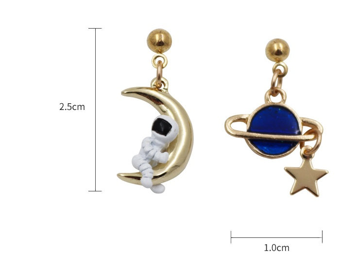 Moon Planet Astronaut Asymmetrical Stud Earrings Female Temperament South Korea - Black & Elva