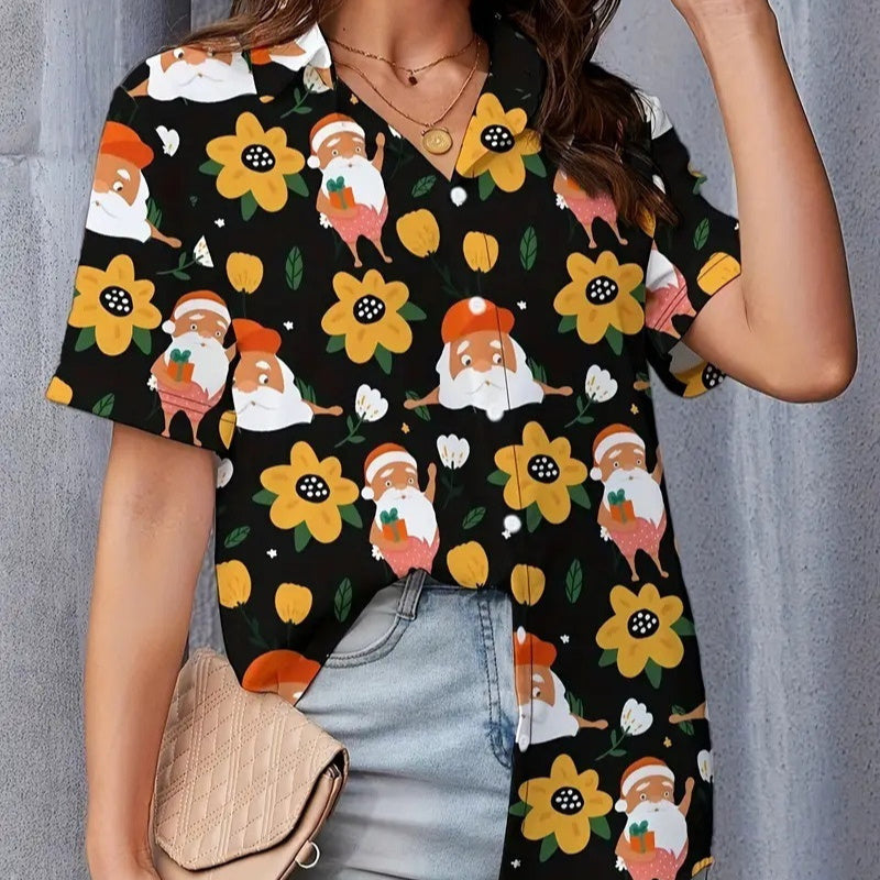 Casual Wild Plant Pattern Women's Short-sleeved Shirt - Black & Elva