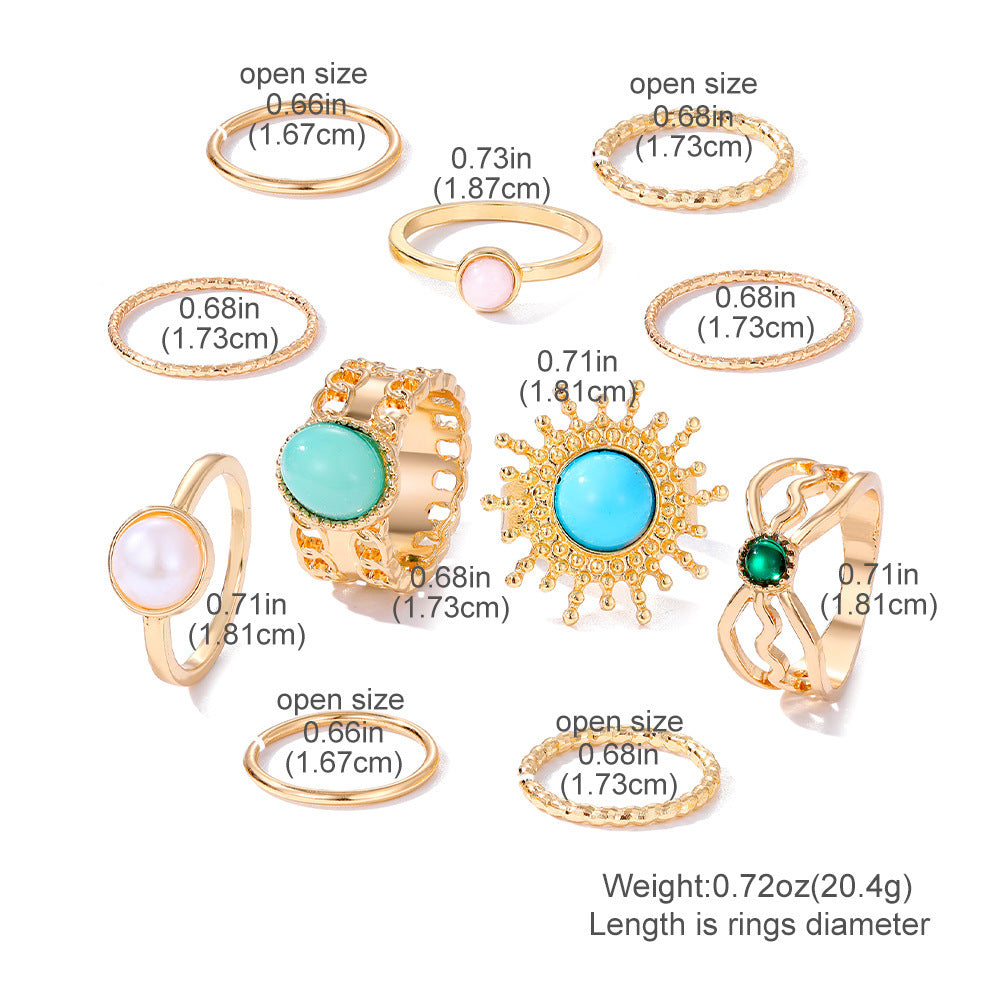 Geometric Emerald Color Natural Stone Metal Ring Plated KC Gold Ring Suit - Black & Elva
